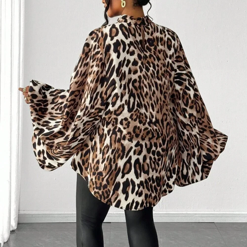 Khaki Elegant Women's Leopard Print Long Sleeve Plus Size Shirt